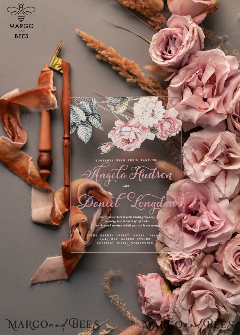 Luxury Floral Acrylic Plexi Wedding Invitations, Romantic Blush Pink Wedding Invites, Vintage Wedding Invitation Suite, Elegant And Affordable Wedding Cards-17