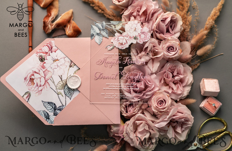 Luxury Floral Acrylic Plexi Wedding Invitations, Romantic Blush Pink Wedding Invites, Vintage Wedding Invitation Suite, Elegant And Affordable Wedding Cards-18