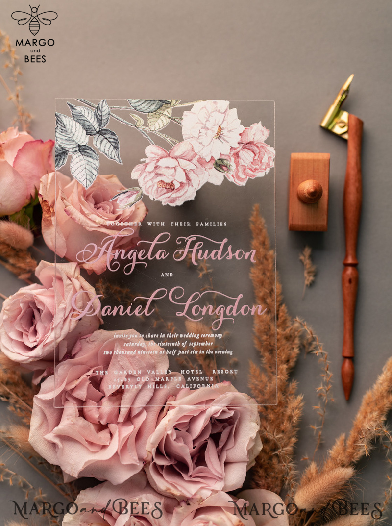 Luxury Floral Acrylic Plexi Wedding Invitations, Romantic Blush Pink Wedding Invites, Vintage Wedding Invitation Suite, Elegant And Affordable Wedding Cards-20