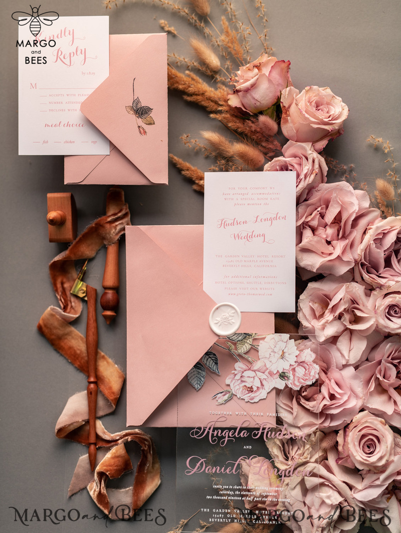Luxury Floral Acrylic Plexi Wedding Invitations, Romantic Blush Pink Wedding Invites, Vintage Wedding Invitation Suite, Elegant And Affordable Wedding Cards-22