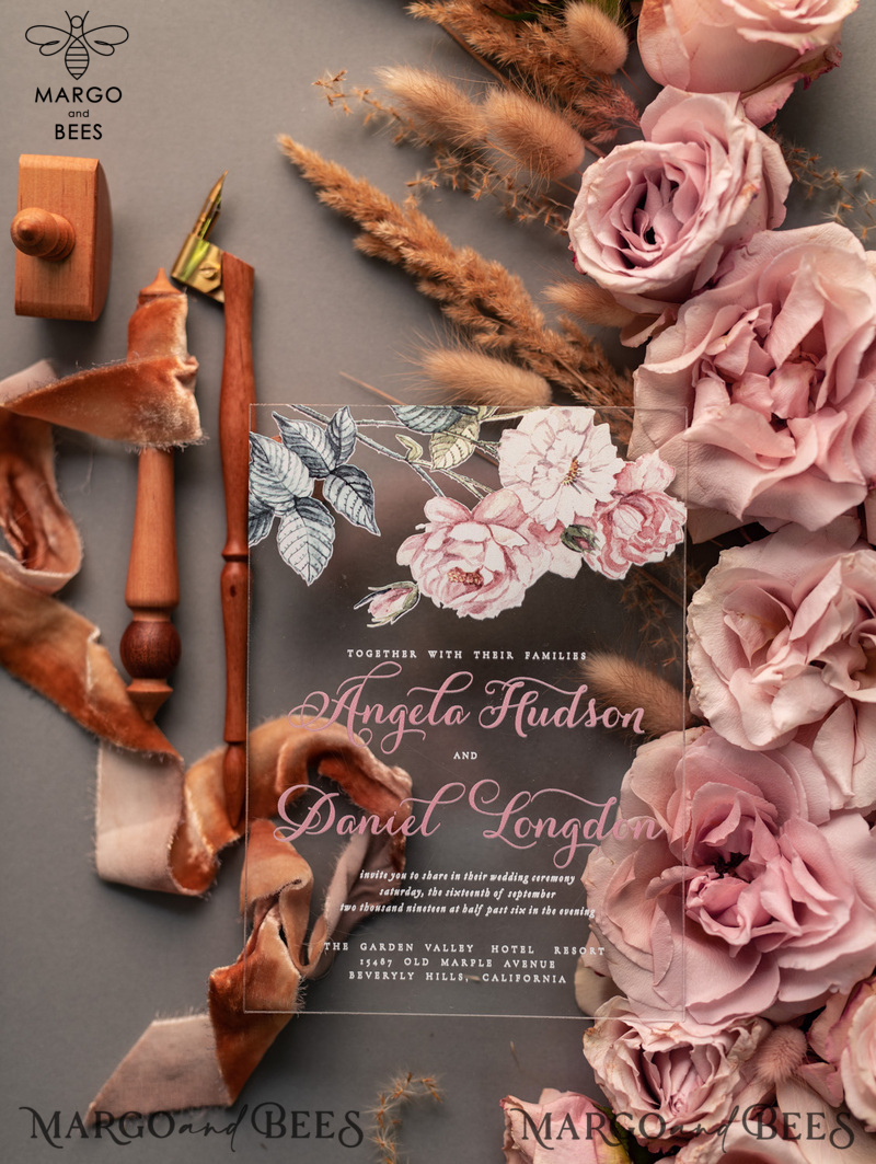 Luxury Floral Acrylic Plexi Wedding Invitations, Romantic Blush Pink Wedding Invites, Vintage Wedding Invitation Suite, Elegant And Affordable Wedding Cards-27