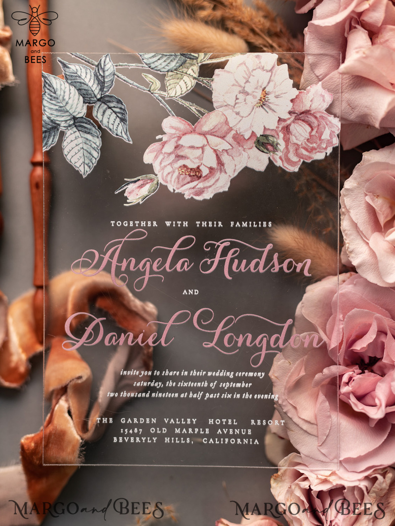 Luxury Floral Acrylic Plexi Wedding Invitations, Romantic Blush Pink Wedding Invites, Vintage Wedding Invitation Suite, Elegant And Affordable Wedding Cards-30
