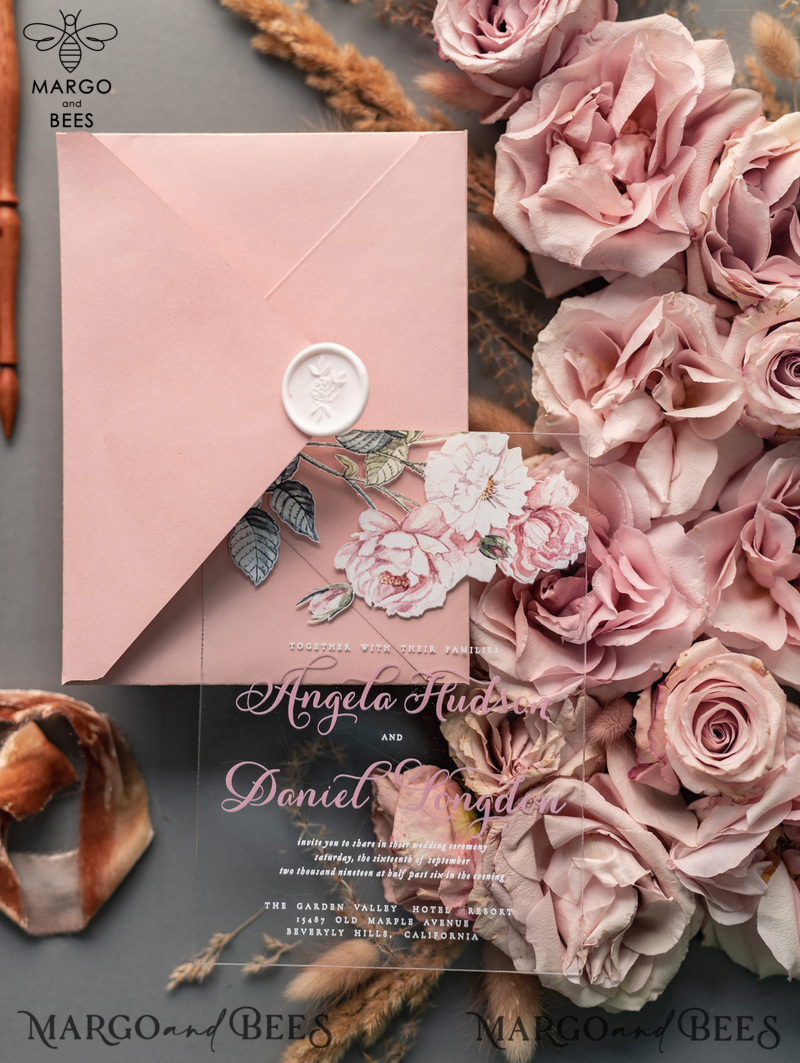 Luxury Floral Acrylic Plexi Wedding Invitations, Romantic Blush Pink Wedding Invites, Vintage Wedding Invitation Suite, Elegant And Affordable Wedding Cards-31
