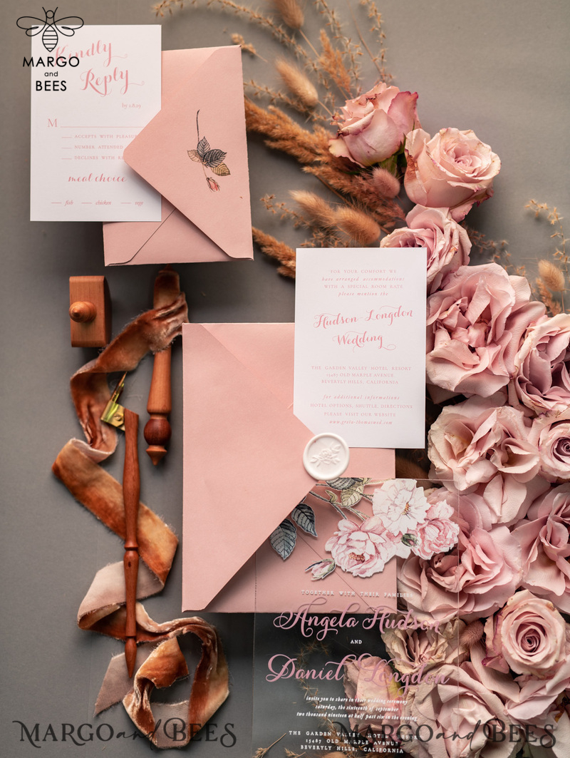 Luxury Floral Acrylic Plexi Wedding Invitations, Romantic Blush Pink Wedding Invites, Vintage Wedding Invitation Suite, Elegant And Affordable Wedding Cards-32