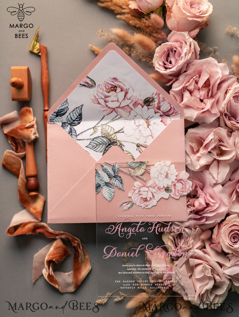 Luxury Floral Acrylic Plexi Wedding Invitations, Romantic Blush Pink Wedding Invites, Vintage Wedding Invitation Suite, Elegant And Affordable Wedding Cards-33