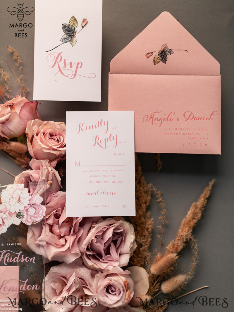 Luxury Floral Acrylic Plexi Wedding Invitations, Romantic Blush Pink Wedding Invites, Vintage Wedding Invitation Suite, Elegant And Affordable Wedding Cards-7