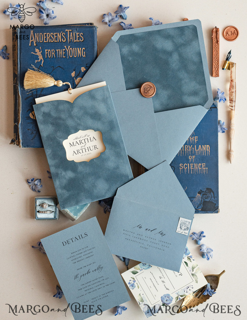 Velvet Dusty Blue Wedding invitations, elegant wedding invitations, Romantic Wedding Invites Dusty Blue, Velvet Pocket wedding Stationery-7