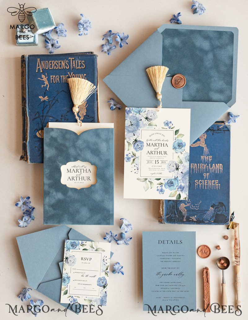 Velvet Dusty Blue Wedding invitations, elegant wedding invitations, Romantic Wedding Invites Dusty Blue, Velvet Pocket wedding Stationery-0