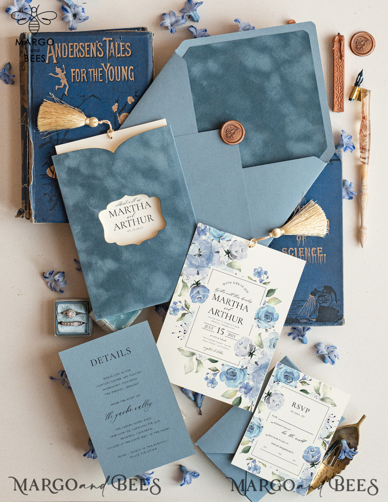 Velvet Dusty Blue Wedding invitations, elegant wedding invitations, Romantic Wedding Invites Dusty Blue, Velvet Pocket wedding Stationery-4