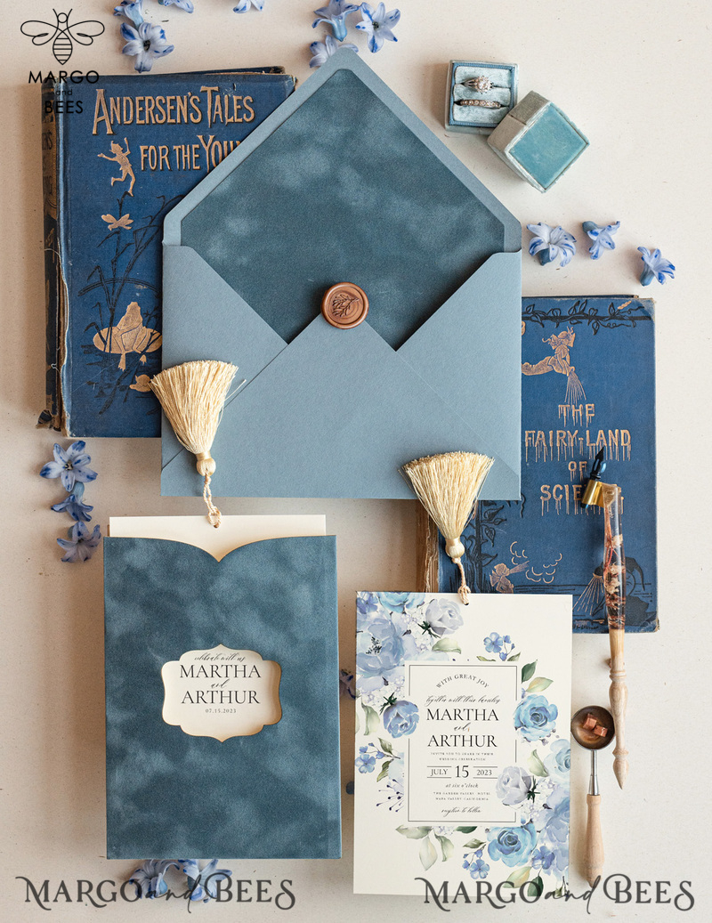 Velvet Dusty Blue Wedding invitations, elegant wedding invitations, Romantic Wedding Invites Dusty Blue, Velvet Pocket wedding Stationery-5