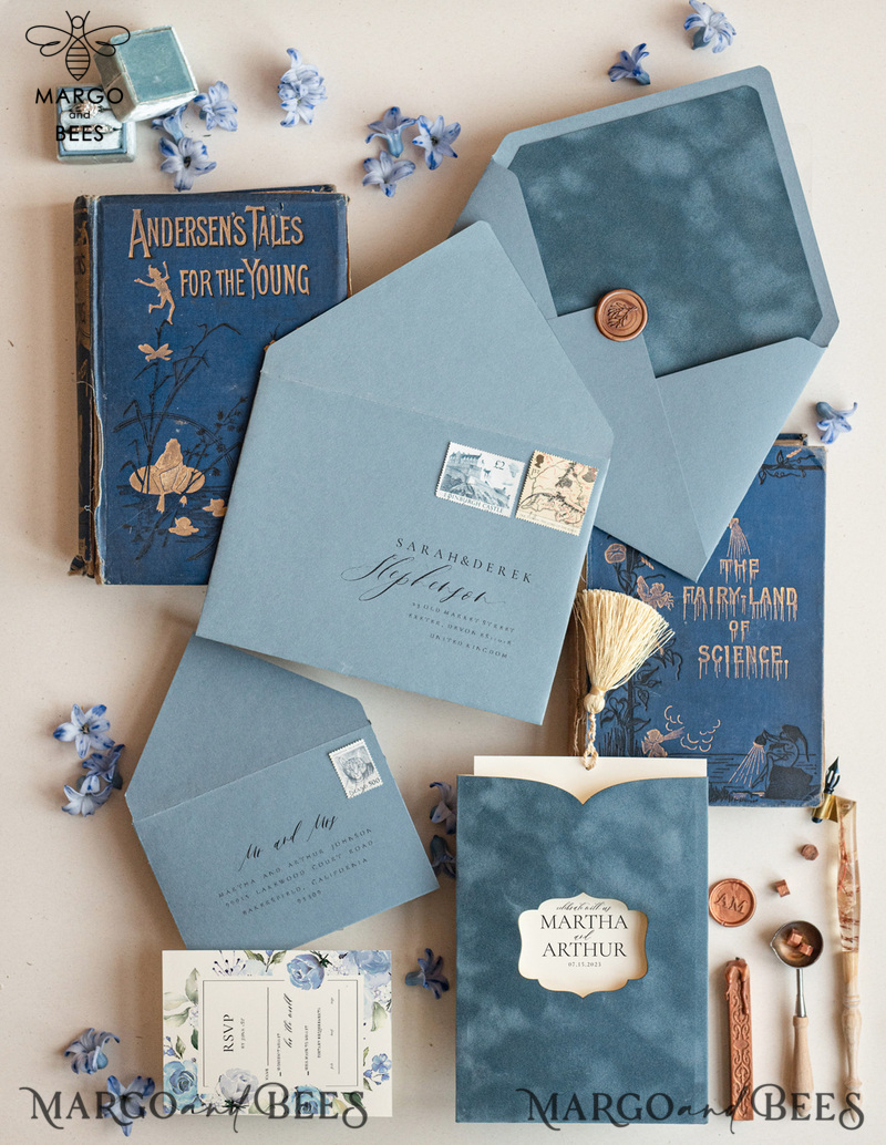 Velvet Dusty Blue Wedding invitations, elegant wedding invitations, Romantic Wedding Invites Dusty Blue, Velvet Pocket wedding Stationery-6