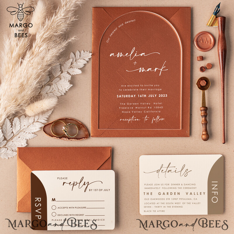 Elegant Terracotta Arch Acrylic Wedding Invitations for a Fall Boho Plexi Wedding Invitation Suite-1