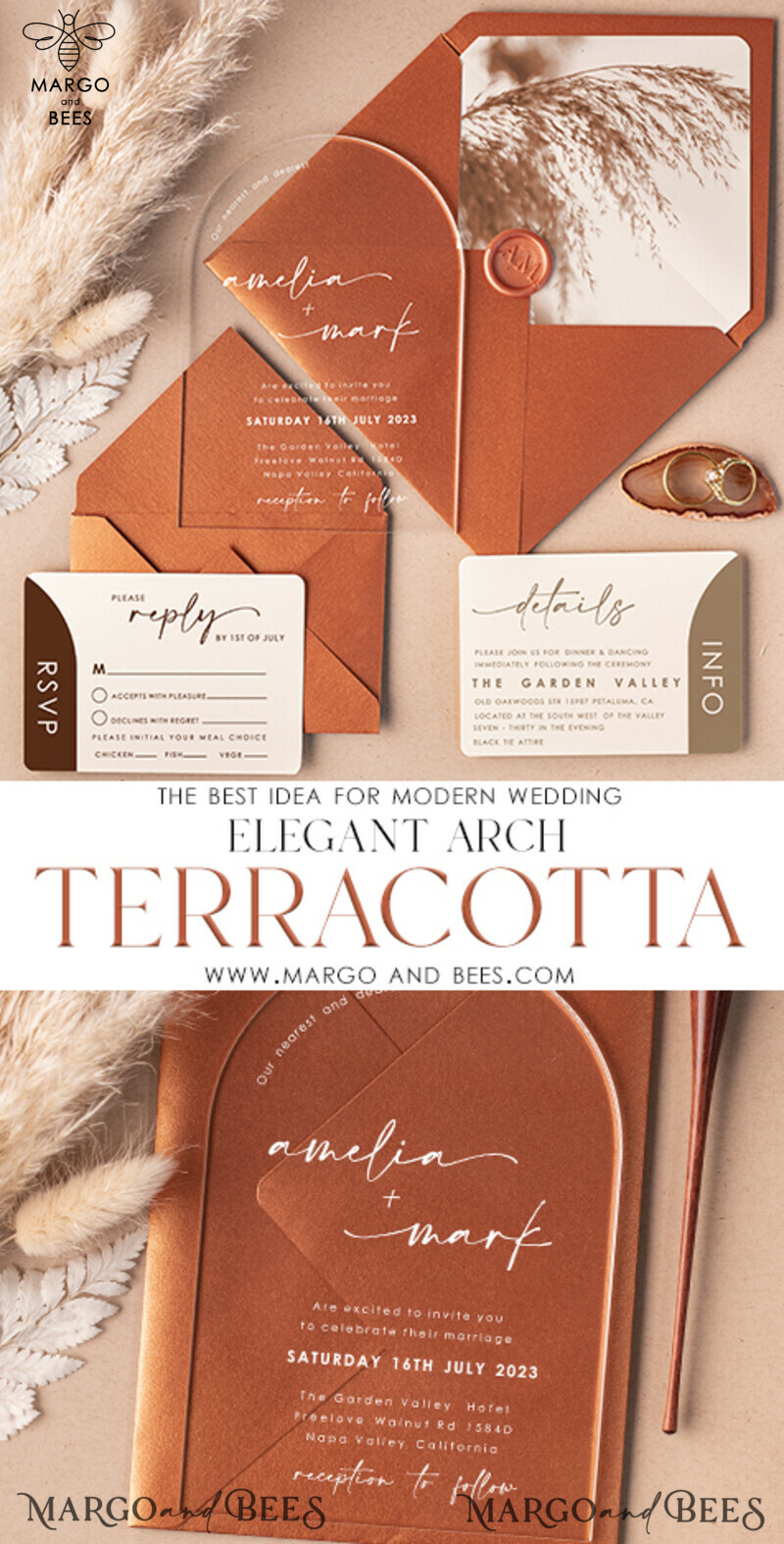 Elegant Terracotta Arch Acrylic Wedding Invitations for a Fall Boho Plexi Wedding Invitation Suite-3