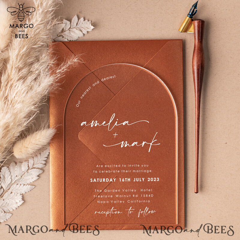 Elegant Terracotta Arch Acrylic Wedding Invitations for a Fall Boho Plexi Wedding Invitation Suite-4