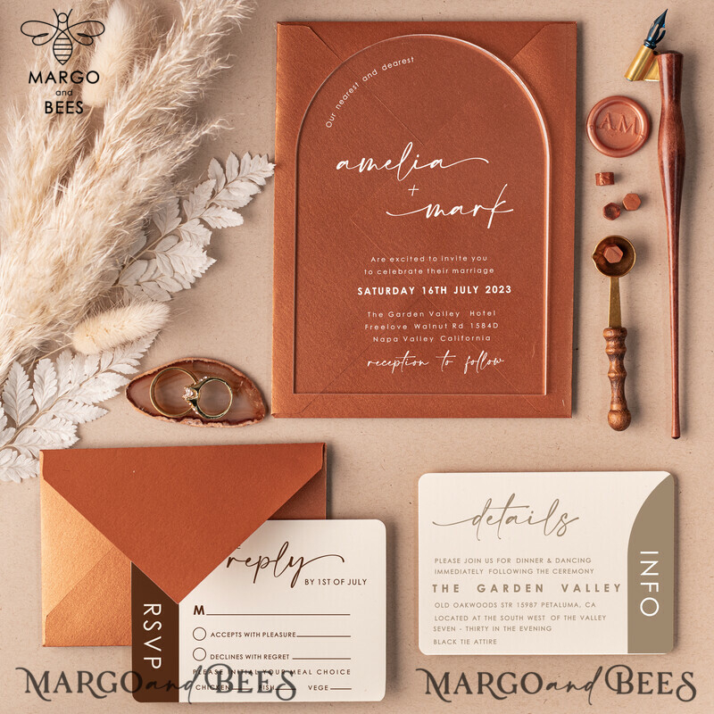 Elegant Terracotta Arch Acrylic Wedding Invitations for a Fall Boho Plexi Wedding Invitation Suite-5