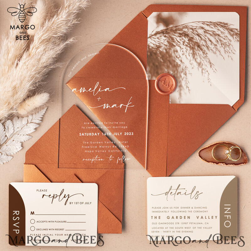 Elegant Terracotta Arch Acrylic Wedding Invitations for a Fall Boho Plexi Wedding Invitation Suite-0