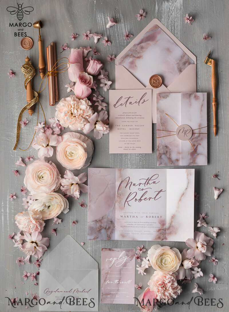  Romantic Blush Pink Wedding Invites, Elegant Marble Wedding Invitations, Minimalistic Booklet Wedding Cards, Luxury Golden Shine Wedding Invitation Suite-1