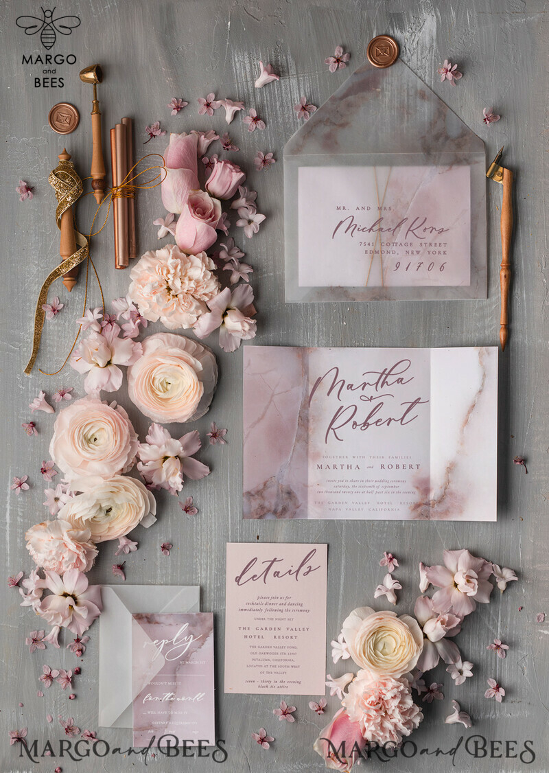  Romantic Blush Pink Wedding Invites, Elegant Marble Wedding Invitations, Minimalistic Booklet Wedding Cards, Luxury Golden Shine Wedding Invitation Suite-2