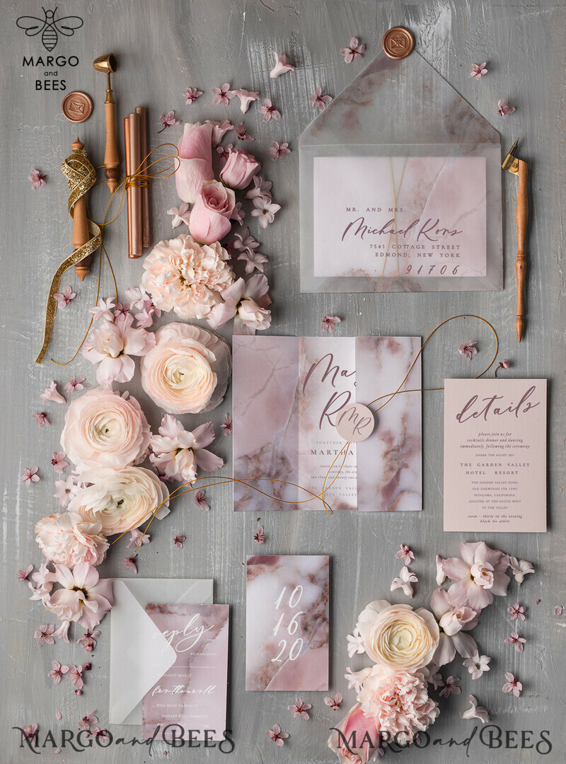  Romantic Blush Pink Wedding Invites, Elegant Marble Wedding Invitations, Minimalistic Booklet Wedding Cards, Luxury Golden Shine Wedding Invitation Suite-3