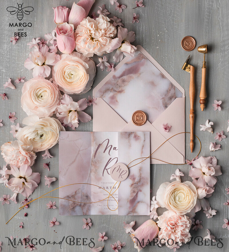  Romantic Blush Pink Wedding Invites, Elegant Marble Wedding Invitations, Minimalistic Booklet Wedding Cards, Luxury Golden Shine Wedding Invitation Suite-4