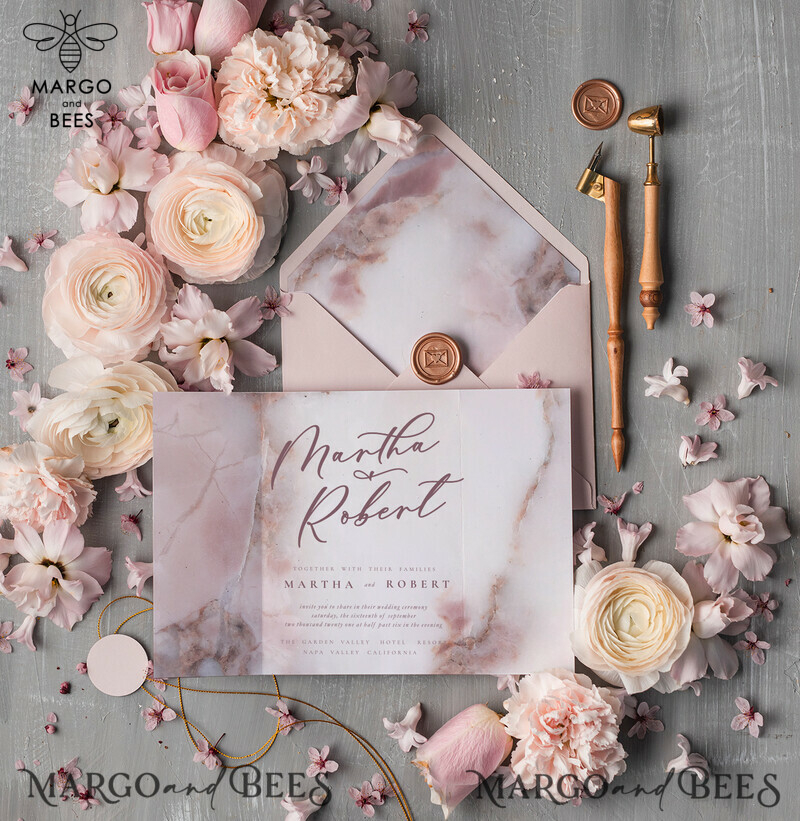  Romantic Blush Pink Wedding Invites, Elegant Marble Wedding Invitations, Minimalistic Booklet Wedding Cards, Luxury Golden Shine Wedding Invitation Suite-5