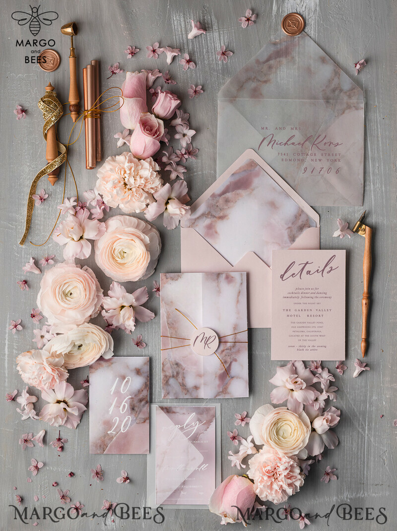  Romantic Blush Pink Wedding Invites, Elegant Marble Wedding Invitations, Minimalistic Booklet Wedding Cards, Luxury Golden Shine Wedding Invitation Suite-0