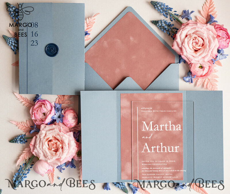 Luxury Blush Pink Velvet Wedding Invites with Acrylic: Modern and Elegant Dusty Blue Pink Wedding Invitations-1