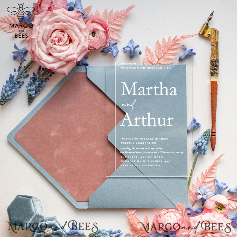 Luxury Blush Pink Velvet Wedding Invites with Acrylic: Modern and Elegant Dusty Blue Pink Wedding Invitations-2