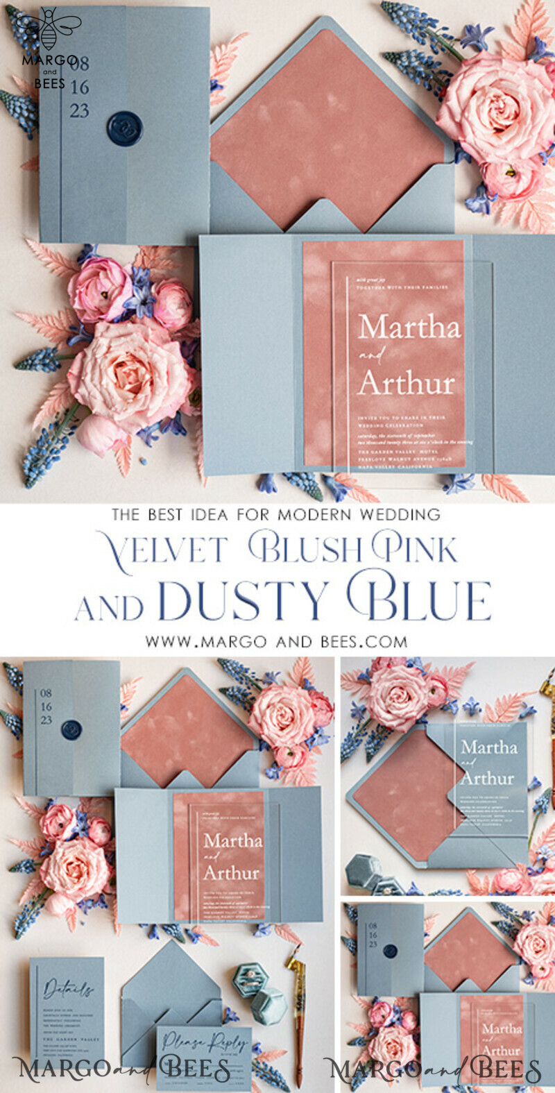 Luxury Blush Pink Velvet Wedding Invites with Acrylic: Modern and Elegant Dusty Blue Pink Wedding Invitations-3