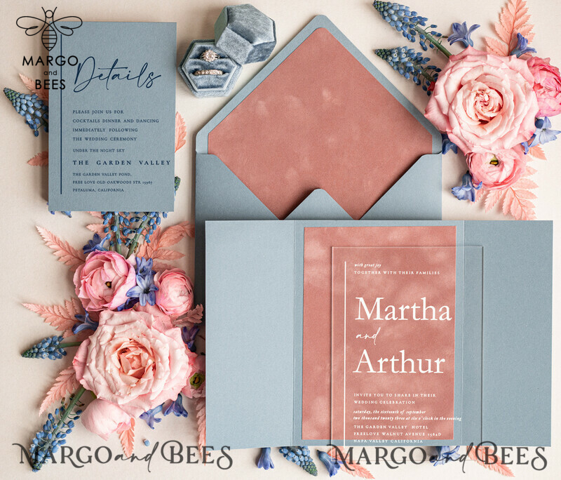 Luxury Blush Pink Velvet Wedding Invites with Acrylic: Modern and Elegant Dusty Blue Pink Wedding Invitations-4