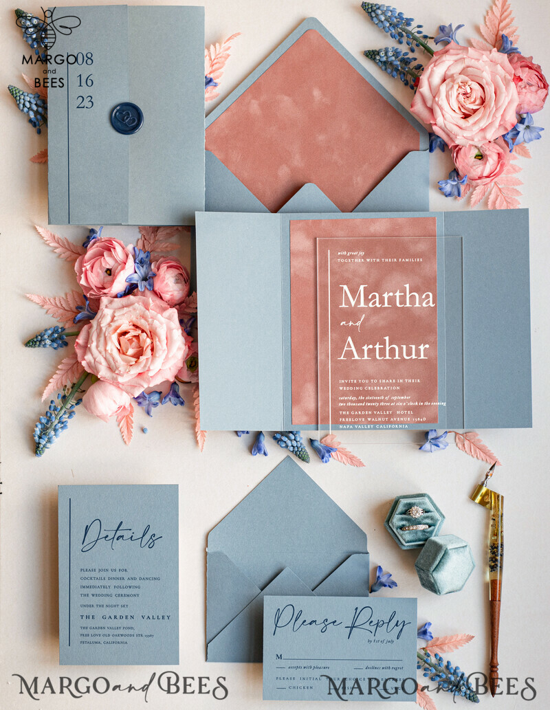 Luxury Blush Pink Velvet Wedding Invites with Acrylic: Modern and Elegant Dusty Blue Pink Wedding Invitations-0