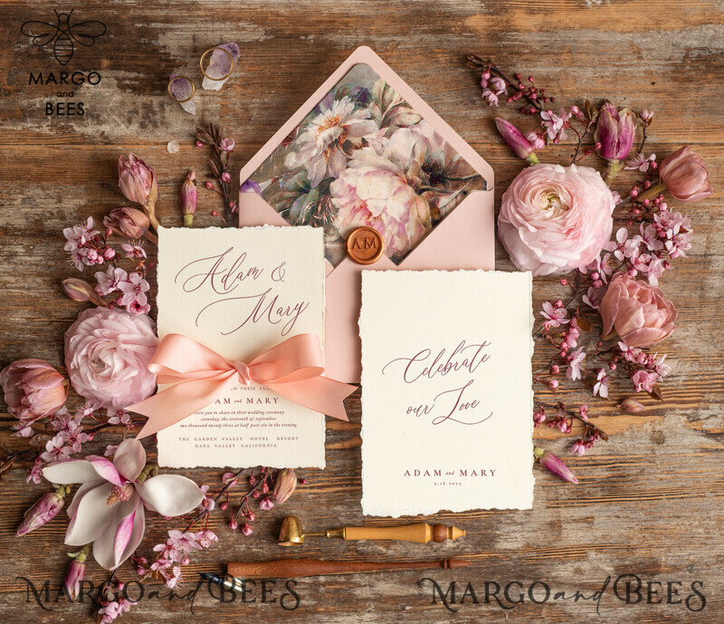 Bespoke Pink Wedding Invitations, Fine Art Elegant Wedding invites, Vintage Blush Pink  Invitation Set, Minimalistic Wedding Stationary set-2