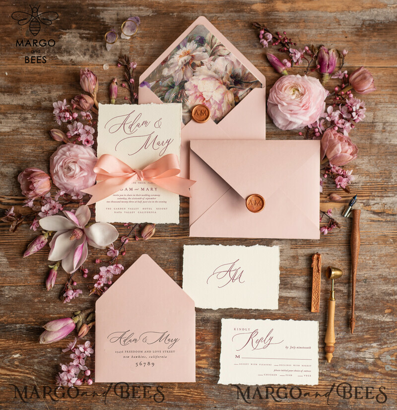 Bespoke Pink Wedding Invitations, Fine Art Elegant Wedding invites, Vintage Blush Pink  Invitation Set, Minimalistic Wedding Stationary set-3