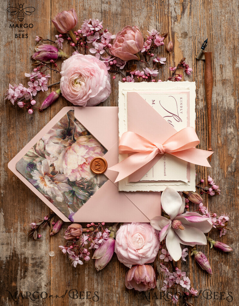 Bespoke Pink Wedding Invitations, Fine Art Elegant Wedding invites, Vintage Blush Pink  Invitation Set, Minimalistic Wedding Stationary set-4
