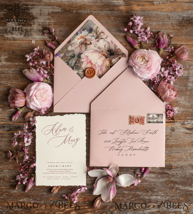 Bespoke Pink Wedding Invitations, Fine Art Elegant Wedding invites, Vintage Blush Pink  Invitation Set, Minimalistic Wedding Stationary set-6