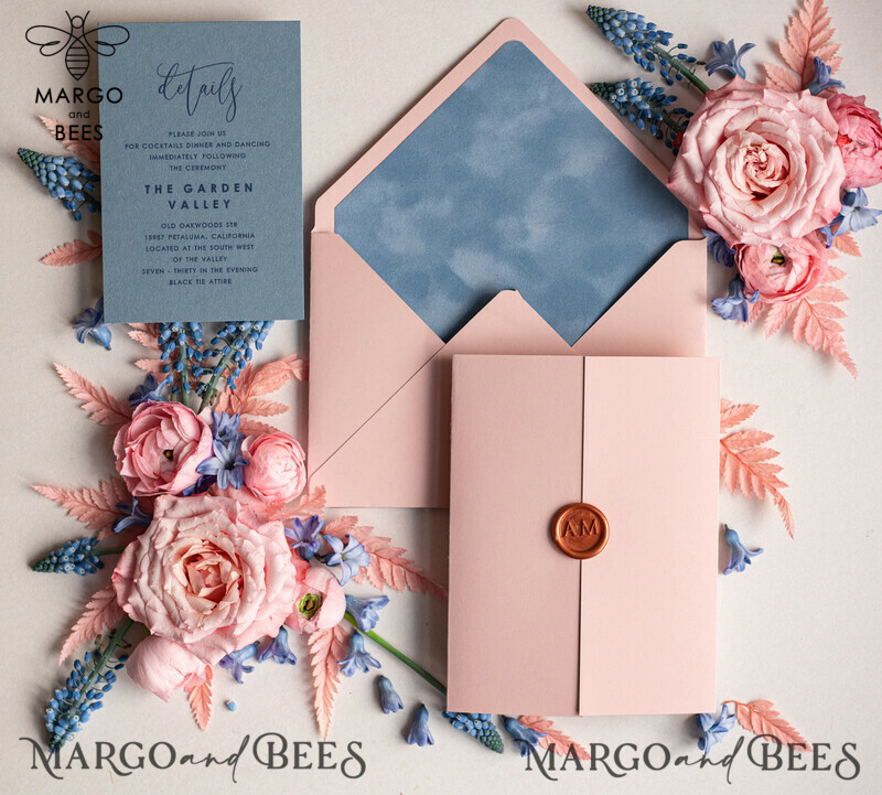Luxury Bespoke Acrylic Blush Pink Wedding Invitation Set with Glamour Velvet Dusty Blue Accents and Wax Seal Copper Detail-4
