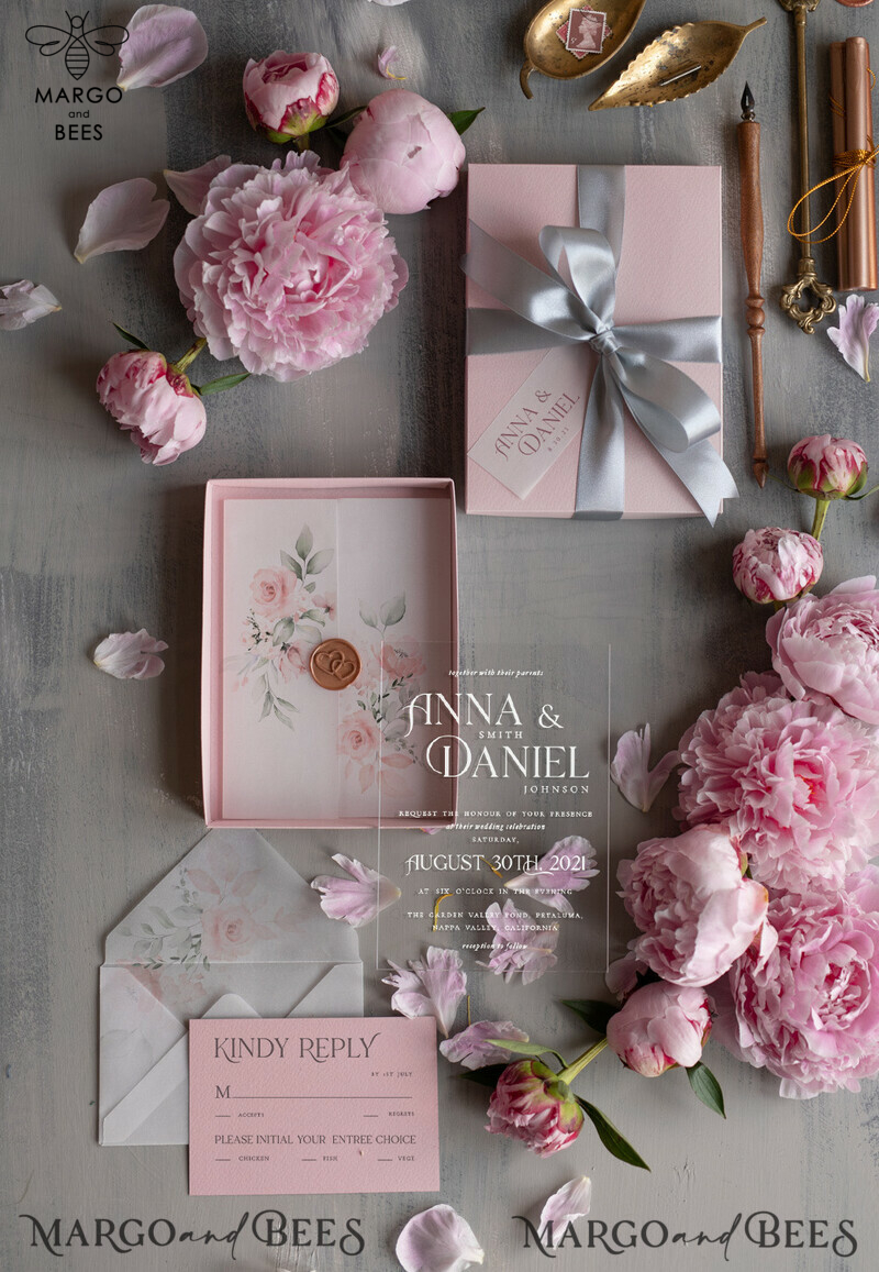Luxurious Acrylic Plexi Wedding Invitations: Captivating Blush Pink Floral Designs for an Elegant Spring Wedding Invitation Suite-1