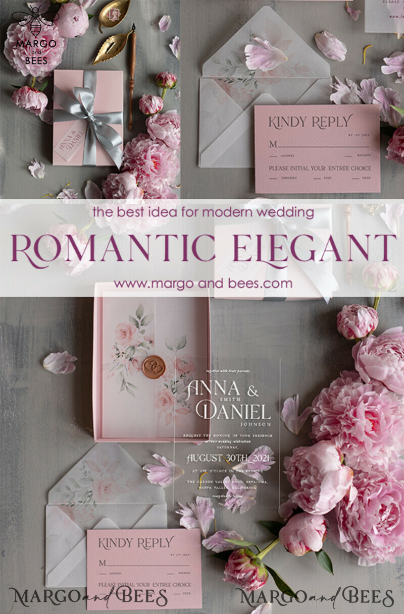 Luxury Acrylic Plexi Wedding Invitations, Romantic Blush Pink Wedding Invites, Elegant Floral Wedding Cards, Bespoke Spring Wedding Invitation Suite-5