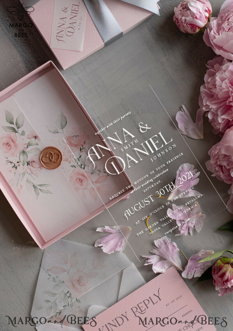 Luxurious Acrylic Plexi Wedding Invitations: Captivating Blush Pink Floral Designs for an Elegant Spring Wedding Invitation Suite-0