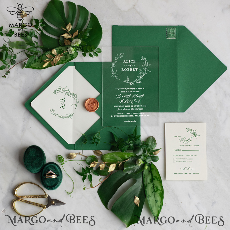 Acrylic Bespoke wedding invitations, Elegant Greenery wedding invitation suite • RomanticEmerald Green  Wedding Invitation Suite • Plexi Monstera wedding Stationery-0