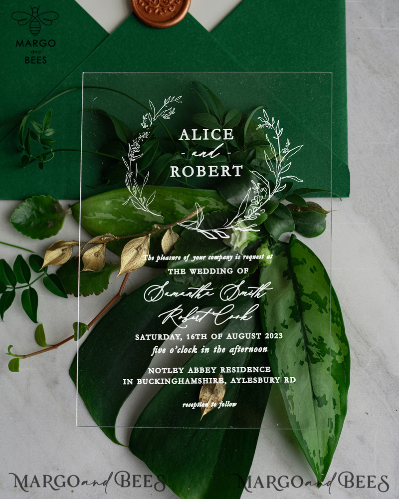 Acrylic Bespoke wedding invitations, Elegant Greenery wedding invitation suite • RomanticEmerald Green  Wedding Invitation Suite • Plexi Monstera wedding Stationery-1