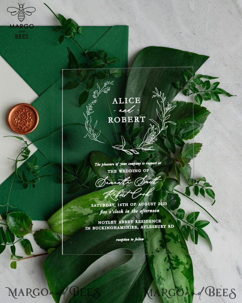 Acrylic Bespoke wedding invitations, Elegant Greenery wedding invitation suite • RomanticEmerald Green  Wedding Invitation Suite • Plexi Monstera wedding Stationery-4