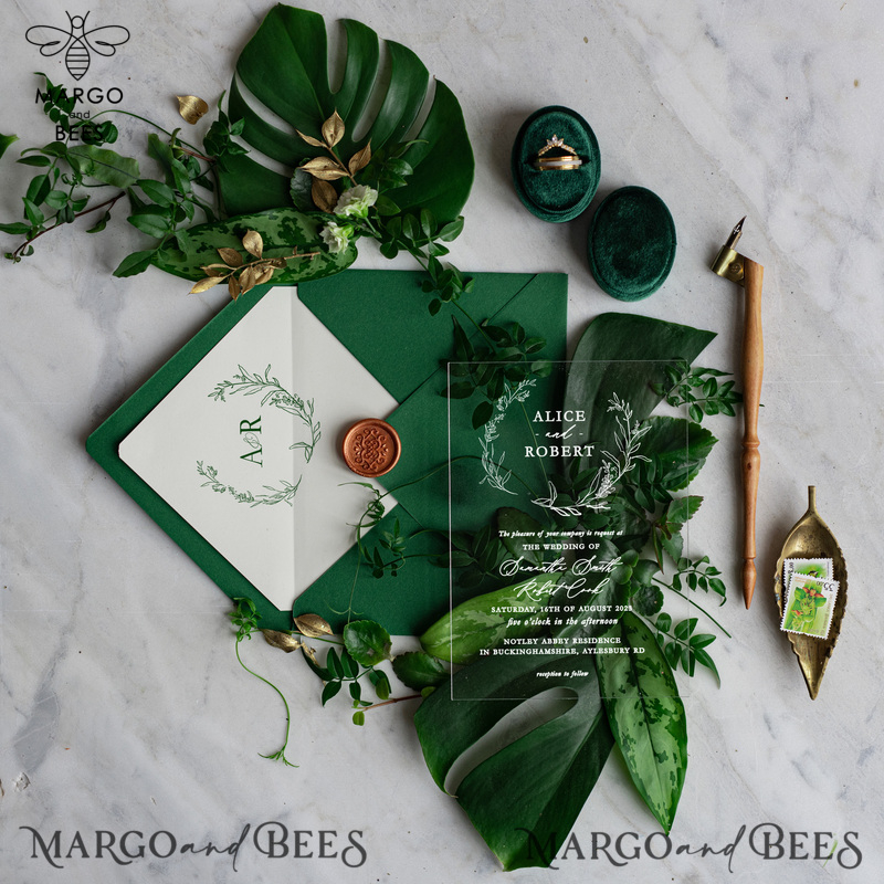 Acrylic Bespoke wedding invitations, Elegant Greenery wedding invitation suite • RomanticEmerald Green  Wedding Invitation Suite • Plexi Monstera wedding Stationery-2