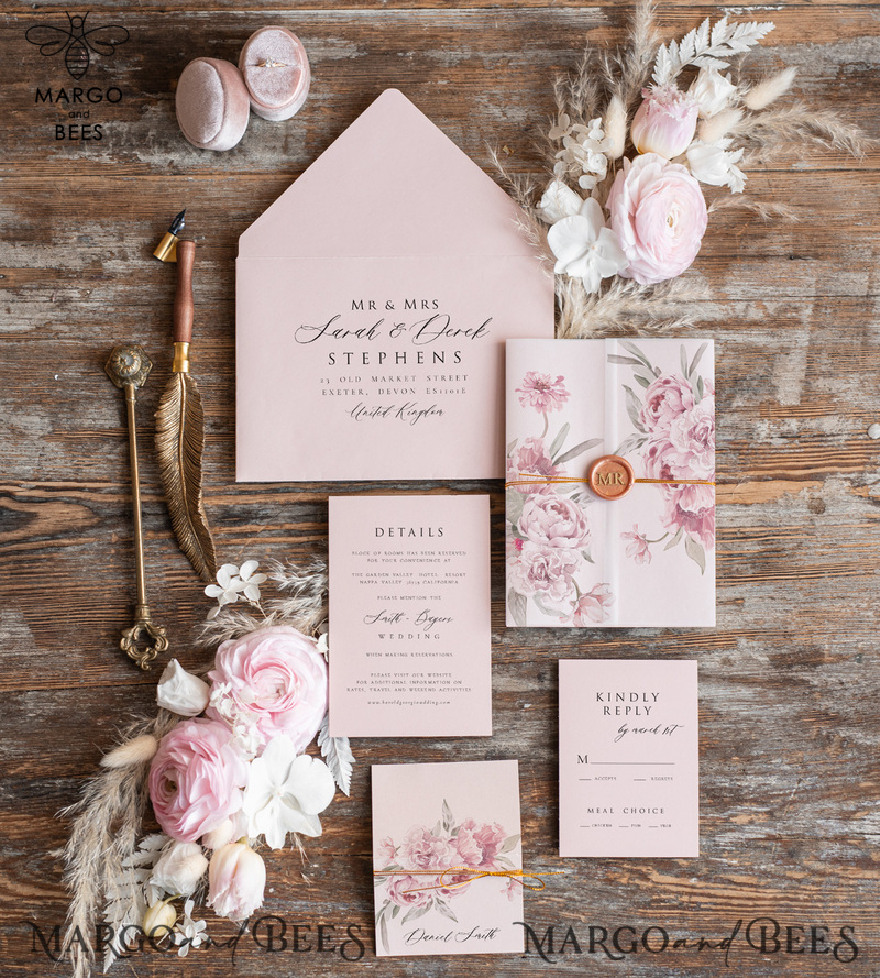 Elegant Rose Wedding Invitations wax rose gold, Elegant Blush Pink Wedding Invites, Luxury Wedding Cards, Handmade Wedding Invitation Suite-4