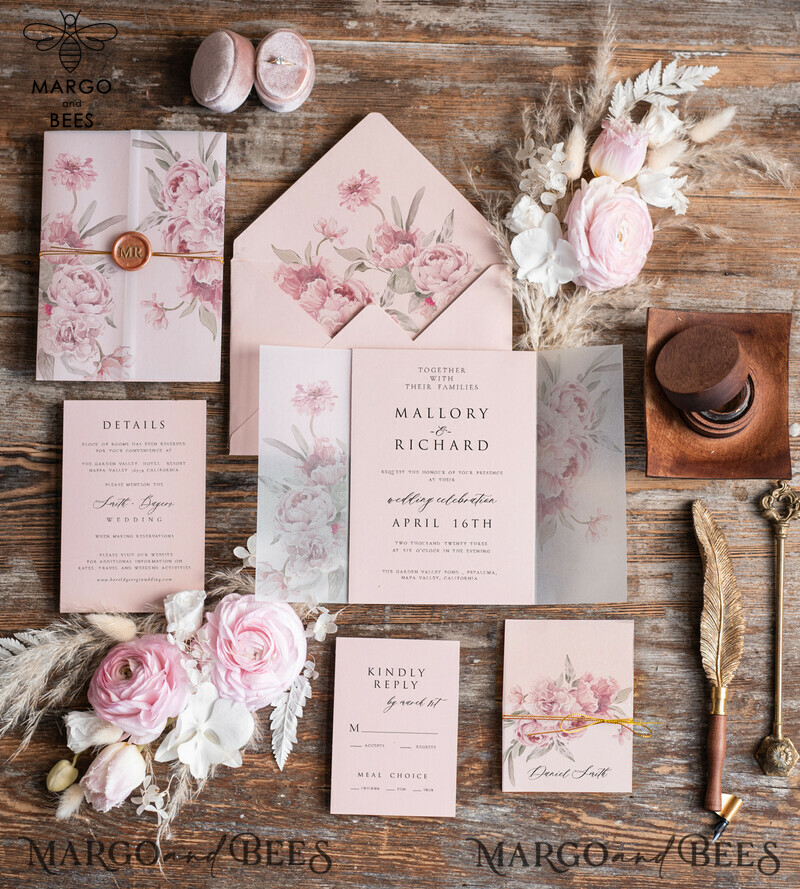 Elegant Rose Wedding Invitations: Handmade Suite in Blush Pink and Wax Rose Gold for Luxurious Wedding Cards-1
