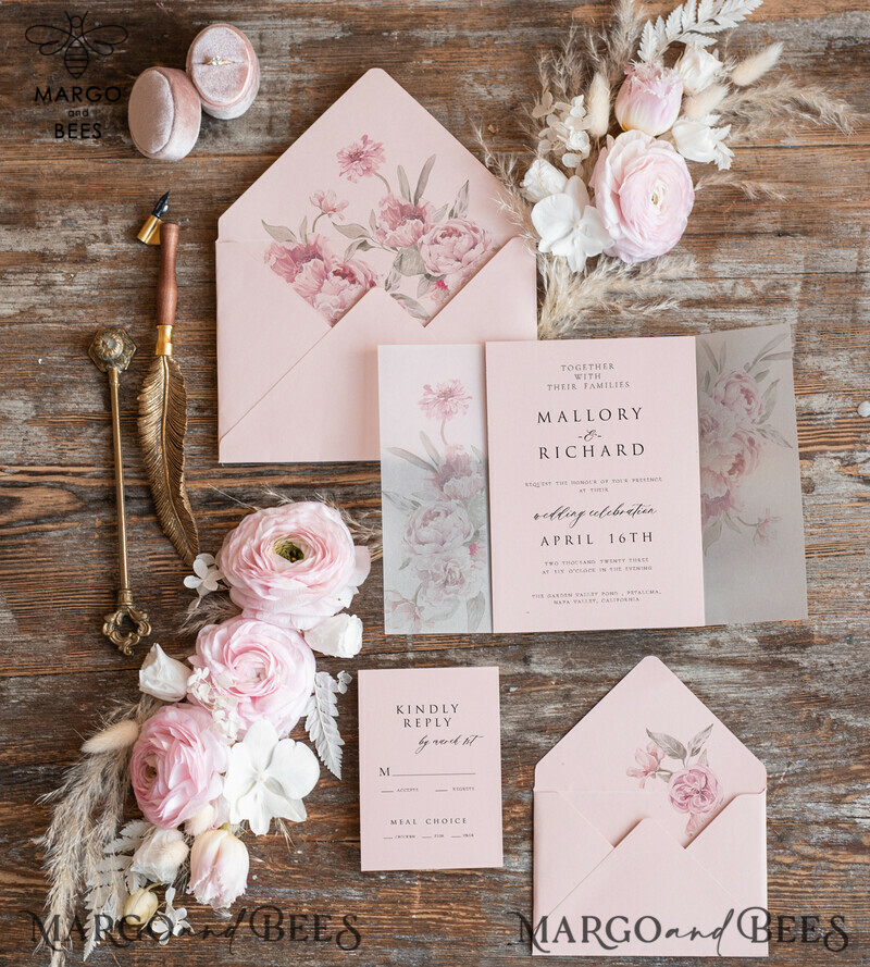 Elegant Rose Wedding Invitations: Handmade Suite in Blush Pink and Wax Rose Gold for Luxurious Wedding Cards-2