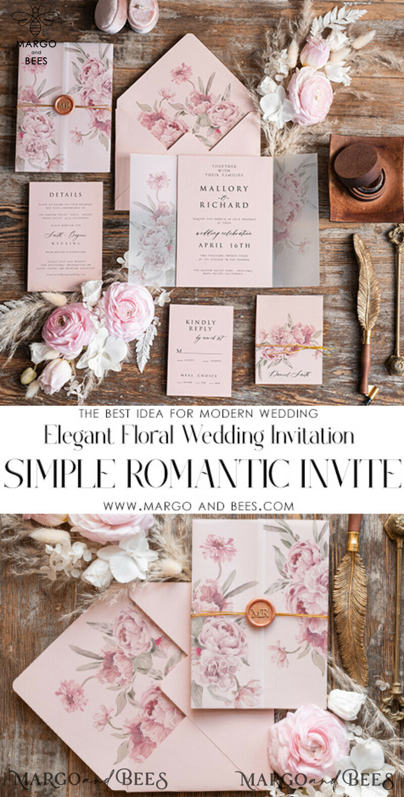 Elegant Rose Wedding Invitations: Handmade Suite in Blush Pink and Wax Rose Gold for Luxurious Wedding Cards-3