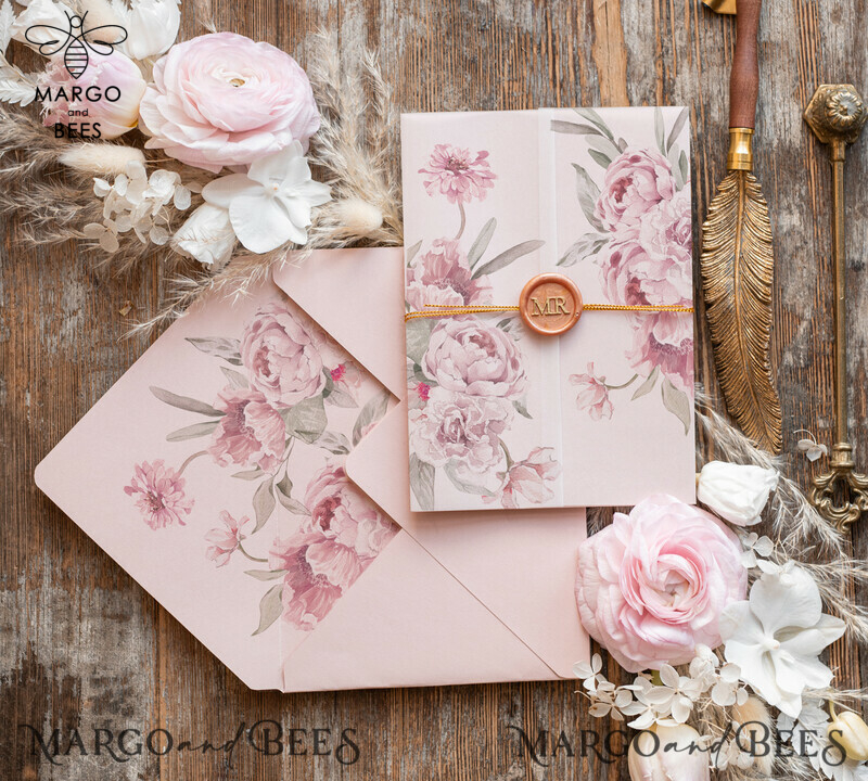 Elegant Rose Wedding Invitations: Handmade Suite in Blush Pink and Wax Rose Gold for Luxurious Wedding Cards-4