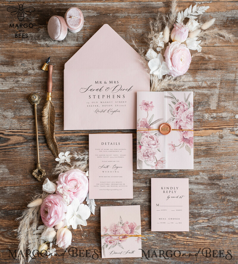 Elegant Rose Wedding Invitations: Handmade Suite in Blush Pink and Wax Rose Gold for Luxurious Wedding Cards-5
