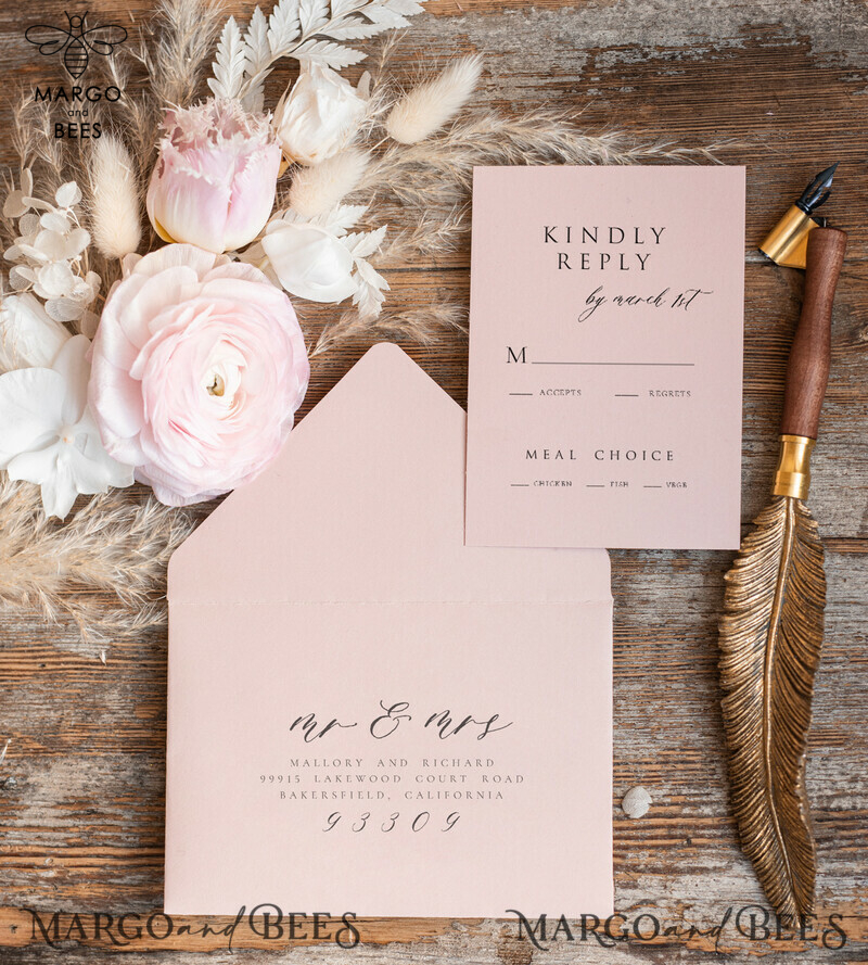 Elegant Rose Wedding Invitations: Handmade Suite in Blush Pink and Wax Rose Gold for Luxurious Wedding Cards-6